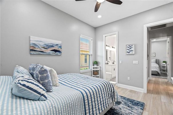 Bedroom, Interior, Recessed Lighting, Wood Texture Flooring
