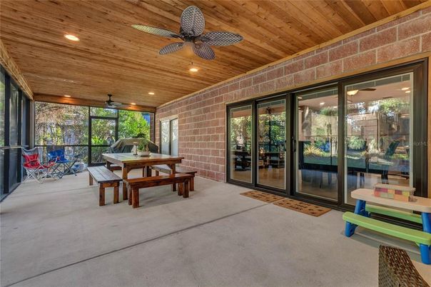 Dining room, Interior, Recessed Lighting, Stone Walls, Wooden Ceilings