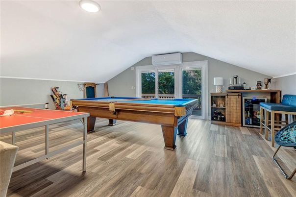 Billiard Table, Fireplace, Game Room, Interior, Wood Texture Flooring