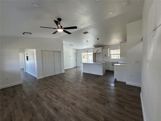 Empty room, Interior, Kitchen, Pendant Lights, Wood Texture Flooring