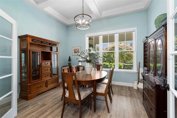 Dining room, Interior, Pendant Lights, Wood Texture Flooring