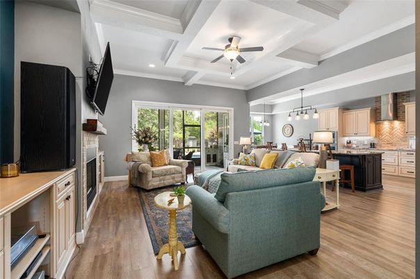 Fireplace, Interior, Kitchen, Living room, Pendant Lights, Recessed Lighting, Wood Texture Flooring