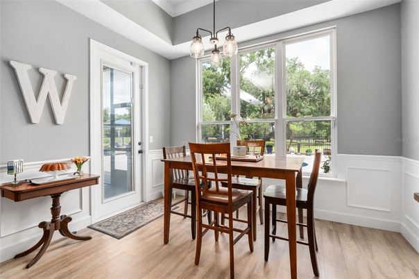Dining room, Interior, Pendant Lights, Wood Texture Flooring