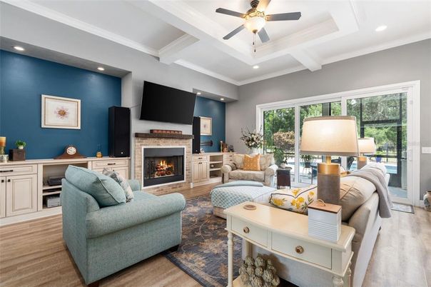 Fireplace, Interior, Living room, Recessed Lighting, Wood Texture Flooring