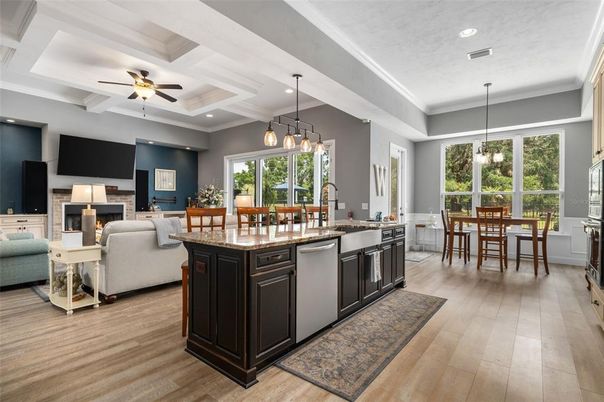 Dining room, Fireplace, Interior, Kitchen, Living room, Pendant Lights, Recessed Lighting, Wood Texture Flooring