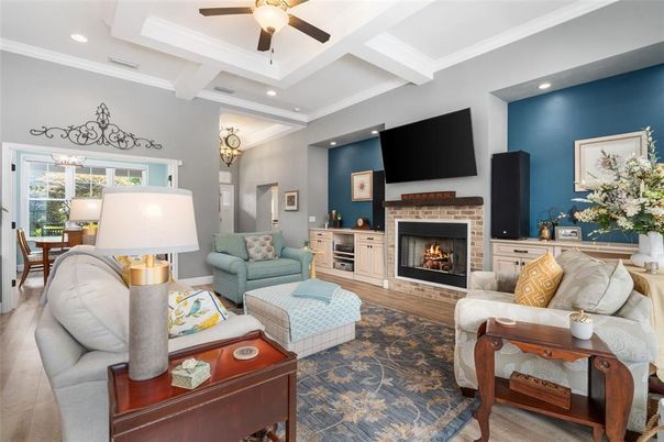 Fireplace, Interior, Living room, Recessed Lighting, Wood Texture Flooring