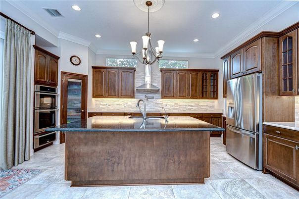 Chandelier, Interior, Kitchen, Recessed Lighting, Stainless Steel Appliances