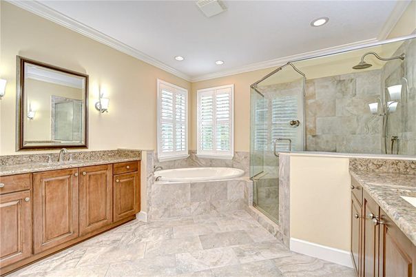Bathroom, Dual Sink Vanities, Glass Shower, Interior, Recessed Lighting