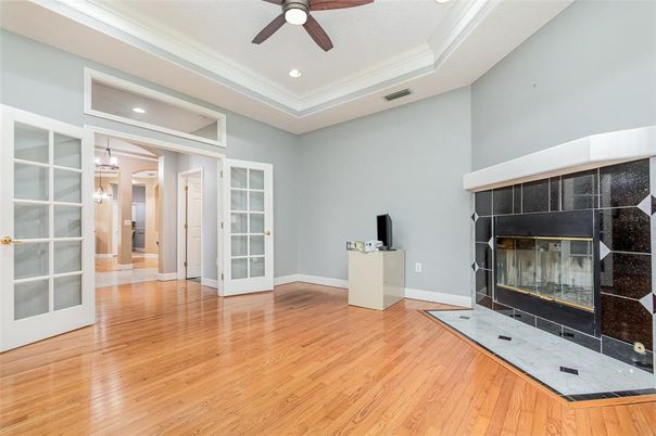 Fireplace, Interior, Pendant Lights, Recessed Lighting, Wood Texture Flooring