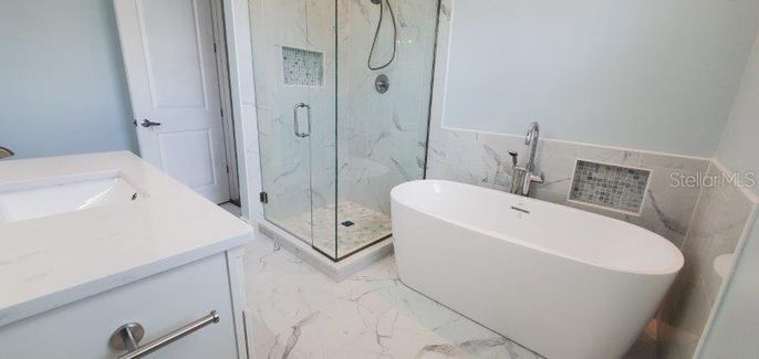 Bathroom, Free Standing Baths, Glass Shower, Interior, Marble, Marble Walls