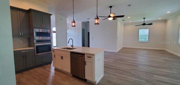 Interior, Kitchen, Pendant Lights, Recessed Lighting, Wood Texture Flooring