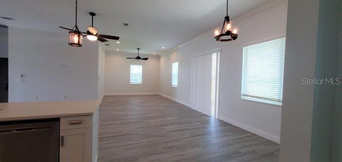 Empty room, Interior, Pendant Lights, Recessed Lighting, Wood Texture Flooring
