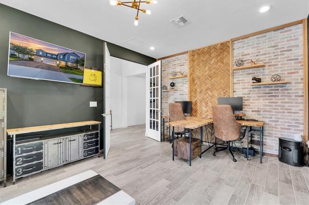 Home Office, Interior, Pendant Lights, Recessed Lighting, Stone Walls, Wood Texture Flooring