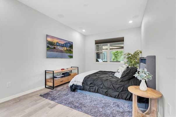 Bedroom, Interior, Recessed Lighting, Wood Texture Flooring