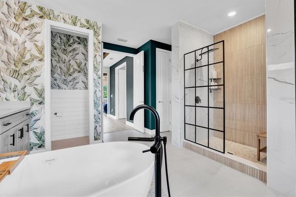 Bathroom, Free Standing Baths, Interior, Marble Walls, Recessed Lighting