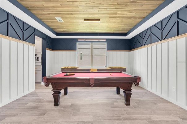 Billiard Table, Game Room, Interior, Pendant Lights, Wooden Ceilings, Wood Texture Flooring