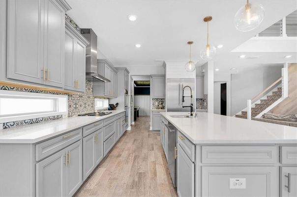Interior, Kitchen, Pendant Lights, Recessed Lighting, Stainless Steel Appliances, Wood Texture Flooring