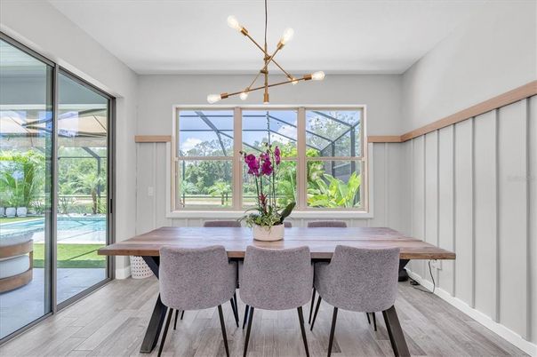 Dining room, Interior, Pendant Lights, Wood Texture Flooring