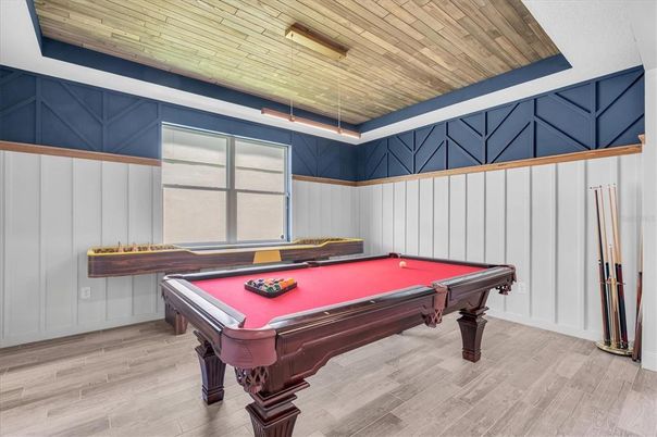 Billiard Table, Game Room, Interior, Pendant Lights, Wood Texture Flooring