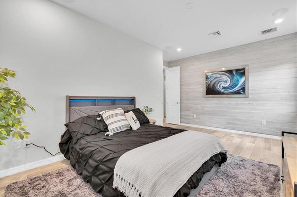 Bedroom, Interior, Recessed Lighting, Wood Texture Flooring, Wooden Walls