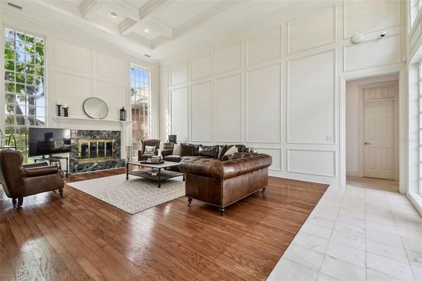 Fireplace, Interior, Living room, Recessed Lighting, Wood Texture Flooring