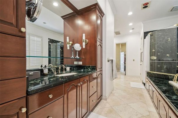 Bathroom, Dual Sink Vanities, Glass Shower, Interior, Marble Walls, Recessed Lighting