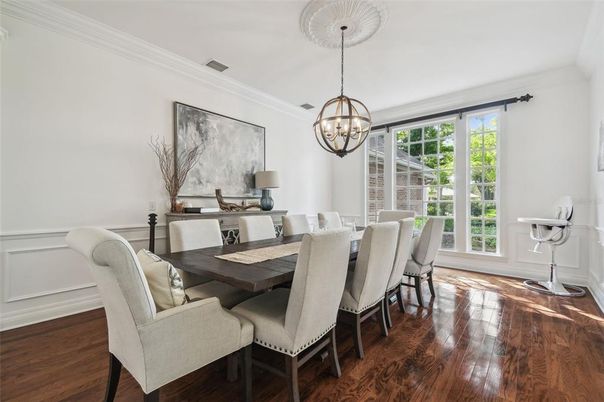 Chandelier, Dining room, Interior, Wood Texture Flooring