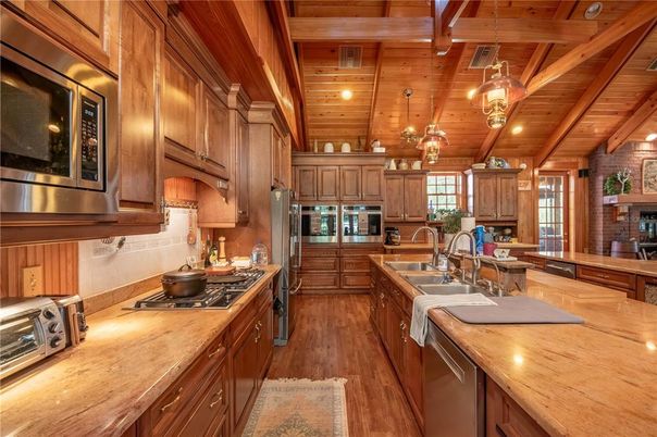 Interior, Kitchen, Pendant Lights, Recessed Lighting, Stainless Steel Appliances, Wooden Beams, Wooden Ceilings, Wood Texture Flooring
