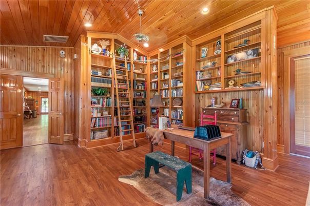 Home Office, Interior, Recessed Lighting, Wooden Ceilings, Wood Texture Flooring, Wooden Walls