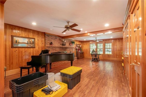 Interior, Piano, Recessed Lighting, Stone Walls, Wood Texture Flooring, Wooden Walls