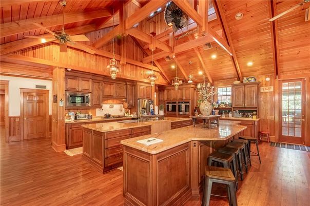 Interior, Kitchen, Pendant Lights, Recessed Lighting, Wooden Beams, Wooden Ceilings, Wood Texture Flooring