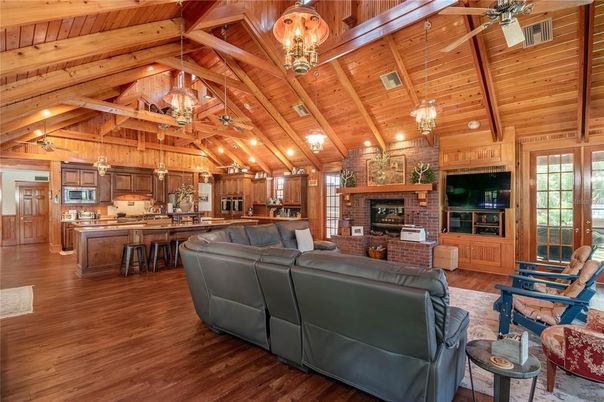 Fireplace, Interior, Kitchen, Living room, Pendant Lights, Stone Walls, Wooden Beams, Wooden Ceilings, Wood Texture Flooring