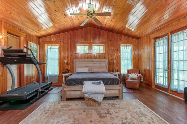 Bedroom, Fitness Equipment, Interior, Wooden Ceilings, Wood Texture Flooring, Wooden Walls
