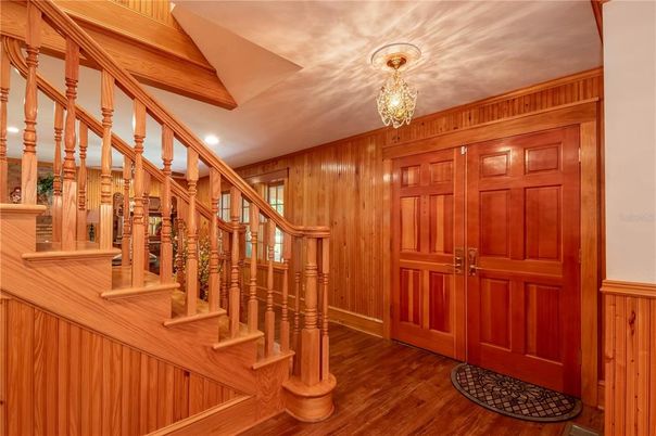 Chandelier, Interior, Recessed Lighting, Wood Texture Flooring, Wooden Walls