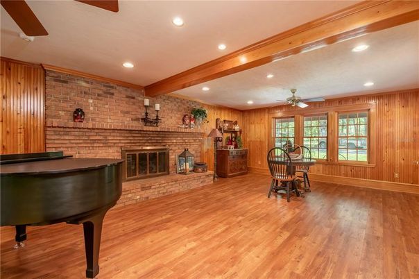 Fireplace, Interior, Piano, Recessed Lighting, Stone Walls, Wooden Beams, Wood Texture Flooring, Wooden Walls