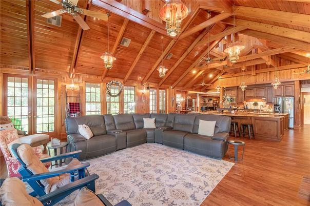Chandelier, Interior, Kitchen, Living room, Pendant Lights, Wooden Beams, Wooden Ceilings, Wood Texture Flooring