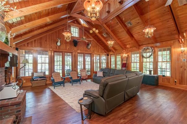 Chandelier, Interior, Living room, Pendant Lights, Wooden Beams, Wooden Ceilings, Wood Texture Flooring