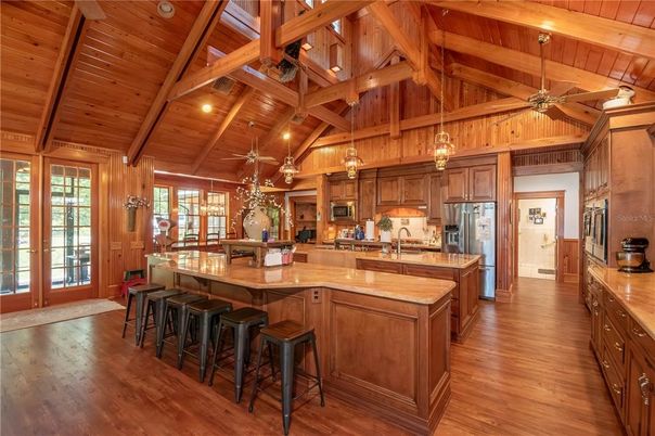 Chandelier, Interior, Kitchen, Pendant Lights, Wooden Beams, Wooden Ceilings, Wood Texture Flooring
