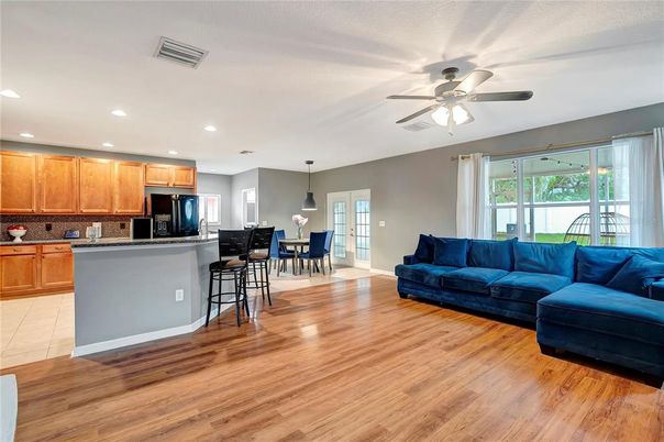 Dining room, Interior, Kitchen, Living room, Pendant Lights, Recessed Lighting, Wood Texture Flooring