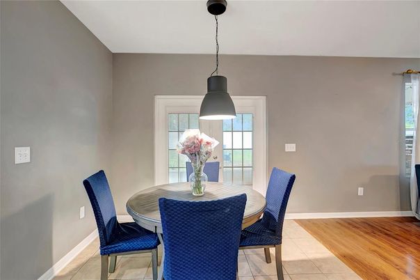 Dining room, Interior, Pendant Lights, Wood Texture Flooring