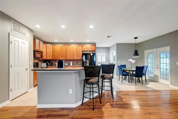Dining room, Interior, Kitchen, Pendant Lights, Recessed Lighting, Wood Texture Flooring