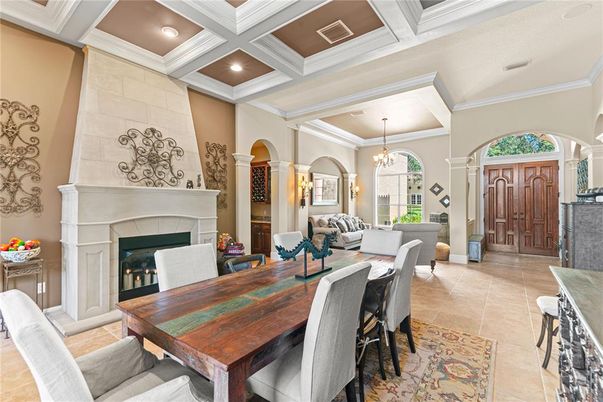 Chandelier, Dining room, Fireplace, Interior, Living room, Recessed Lighting