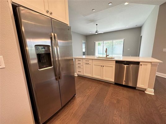 Interior, Kitchen, Recessed Lighting, Stainless Steel Appliances, Wood Texture Flooring