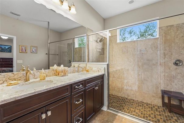 Bathroom, Dual Sink Vanities, Glass Shower, Interior, Recessed Lighting