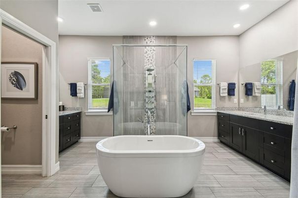 Bathroom, Free Standing Baths, Glass Shower, Interior, Recessed Lighting