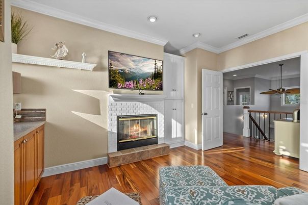 Fireplace, Interior, Recessed Lighting, Wood Texture Flooring