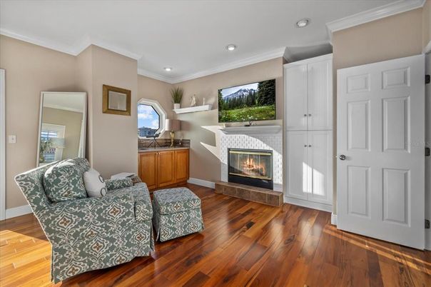 Fireplace, Interior, Recessed Lighting, Wood Texture Flooring