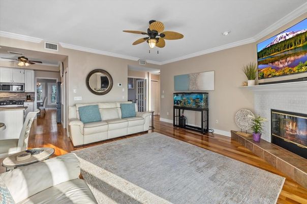 Fireplace, Interior, Kitchen, Living room, Wood Texture Flooring