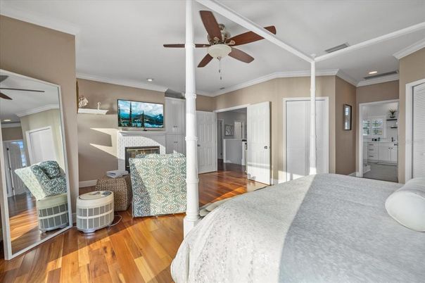 Bedroom, Fireplace, Interior, Recessed Lighting, Wood Texture Flooring