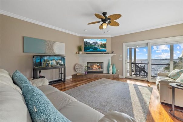 Bedroom, Fireplace, Interior, Living room, Water, Wood Texture Flooring
